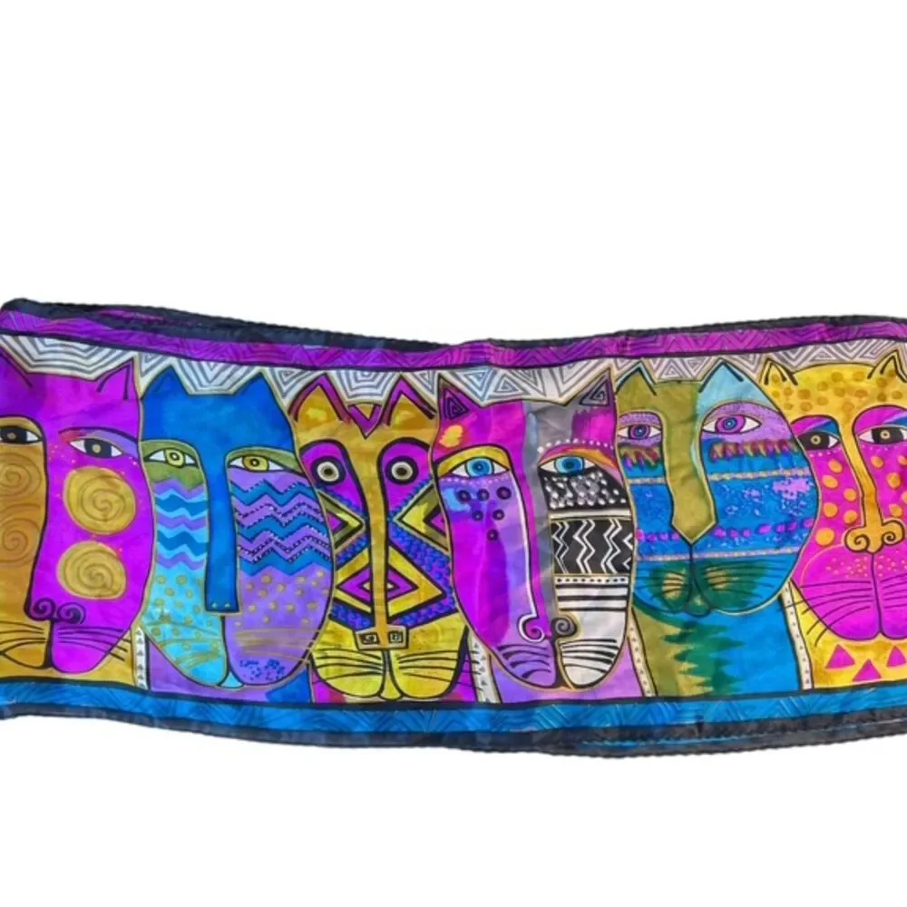 Laurel Burch Vibrant Multicolor Abstract Cat Print 100% Silk Rectangle Scarf